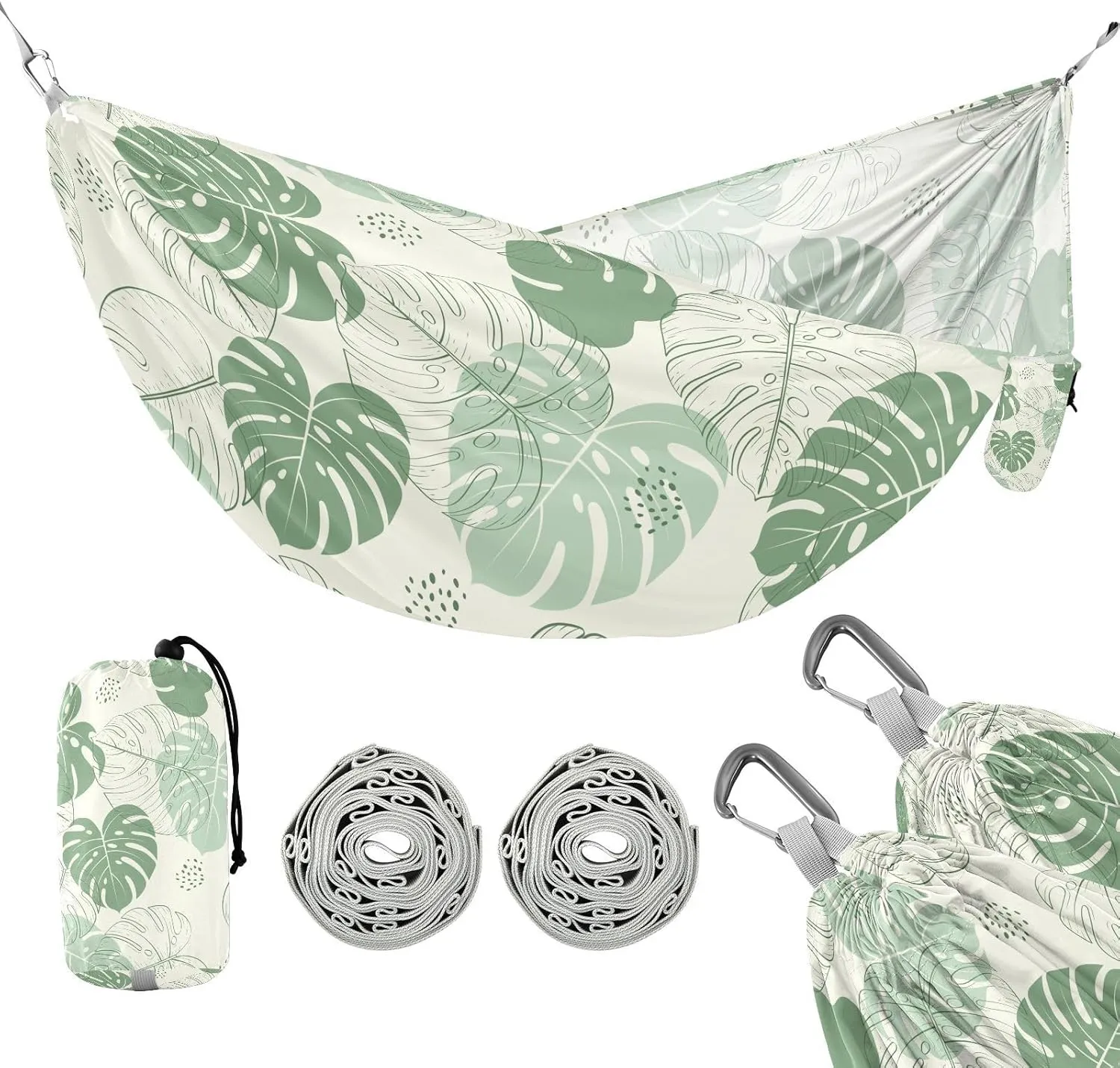 susiyo Portable Camping Hammock Green Monstera Leaves Printed Lightweight Hammock Comfortable Travel Swing with Tree Straps for Camping Hiking Backpacking Travel or Beach - Up to 330lbs
