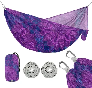 susiyo Portable Camping Hammock Purple Boho Style Printed Lightweight Hammock Comfortable Travel Swing with Tree Straps for Camping Hiking Backpacking Travel or Beach - Up to 330lbs