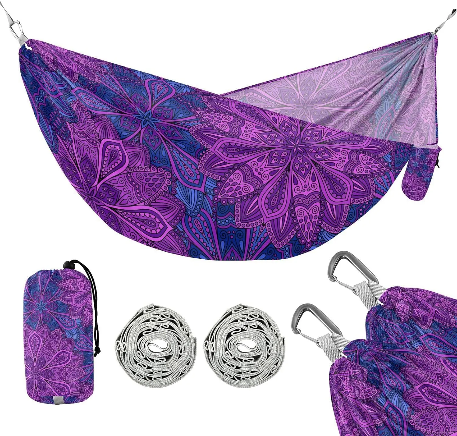 susiyo Portable Camping Hammock Purple Boho Style Printed Lightweight Hammock Comfortable Travel Swing with Tree Straps for Camping Hiking Backpacking Travel or Beach - Up to 330lbs