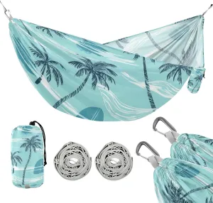 susiyo Portable Camping Hammock Waves Palm Trees Printed Lightweight Hammock Comfortable Travel Swing with Tree Straps for Camping Hiking Backpacking Travel or Beach - Up to 330lbs