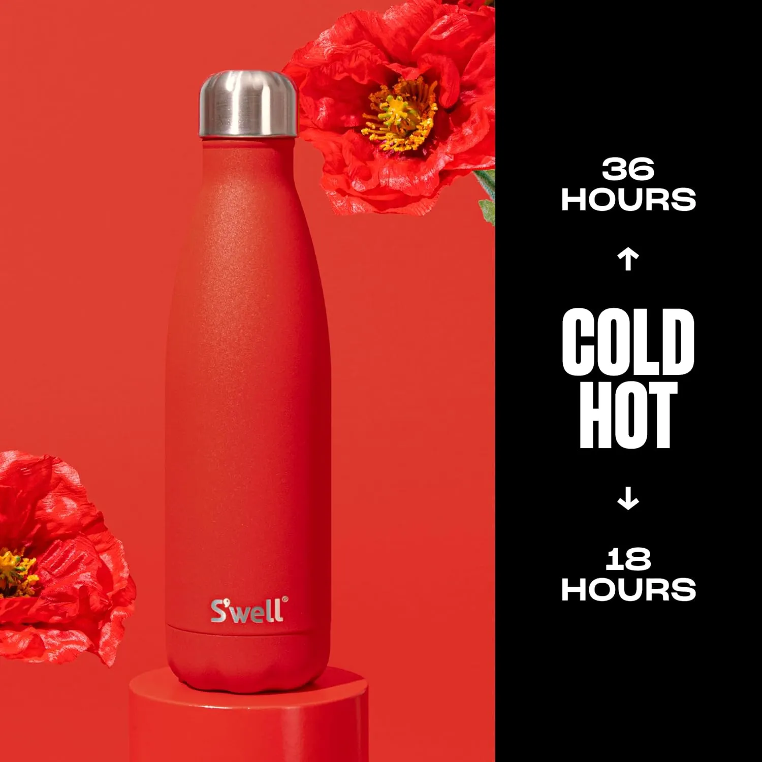 S'well Stainless Steel Water Bottle, 17oz, Poppy Red, Triple Layered Vacuum Insulated Containers Keeps Drinks Cold for 36 Hours and Hot for 18, BPA Free, Perfect for On the Go