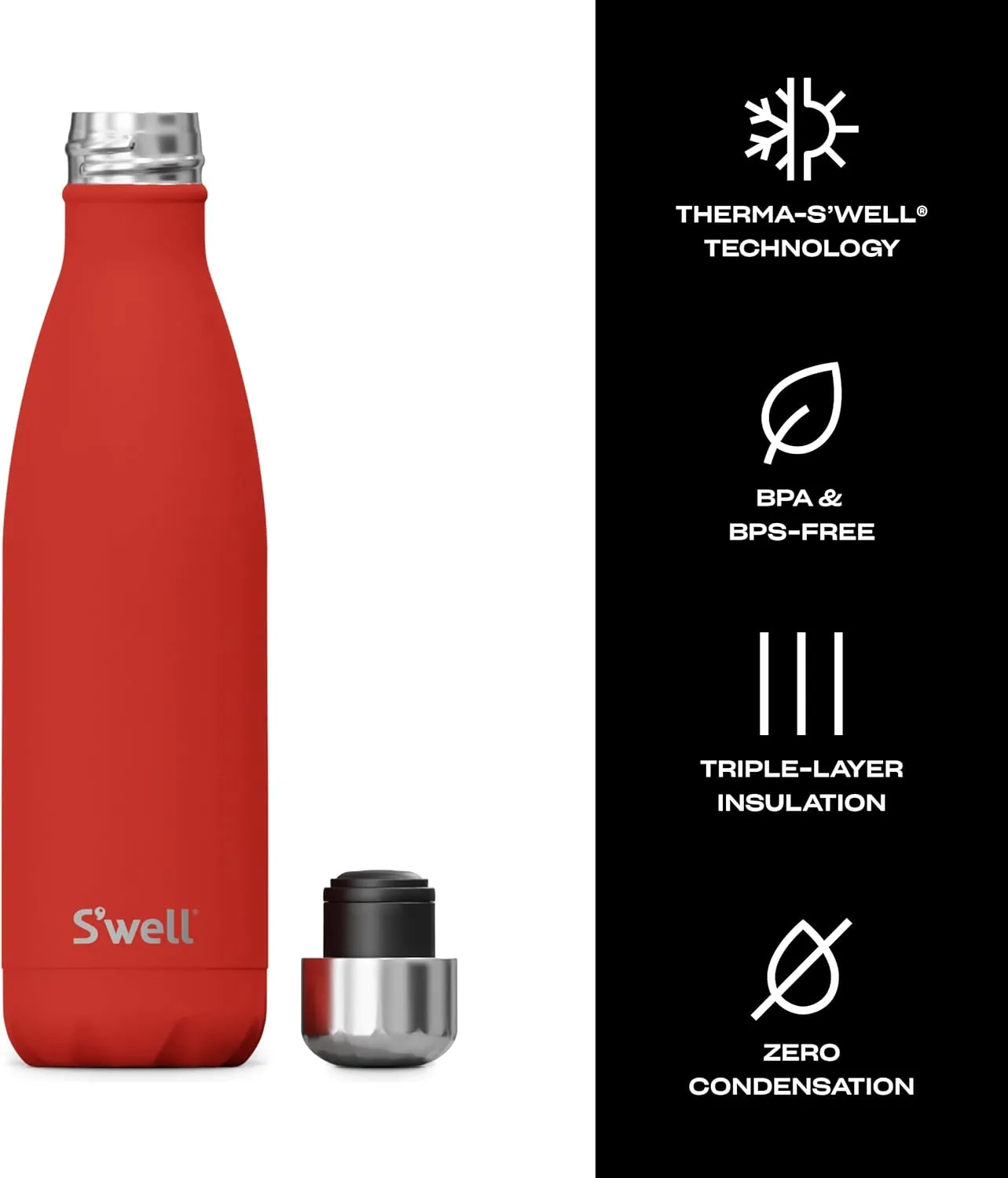 S'well Stainless Steel Water Bottle, 17oz, Poppy Red, Triple Layered Vacuum Insulated Containers Keeps Drinks Cold for 36 Hours and Hot for 18, BPA Free, Perfect for On the Go