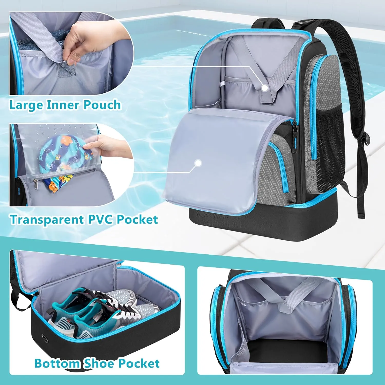 Swim Bag for Swimmers with Shoe Compartment, Swim Backpack for Men and Women, Swimming Bag with Multiple Pockets for Swim Gear Organization, Gray