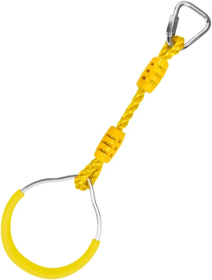 Swing Ninja Ring Indoor Outdoor Backyard PlaySet Kids Fitness Gymnastic Training Equipment, 2 Yellow Hanging Jungle Gym Fist Trapeze Monkey Bars Climbing Ring Ninja Warrior Obstacle Course Attachments