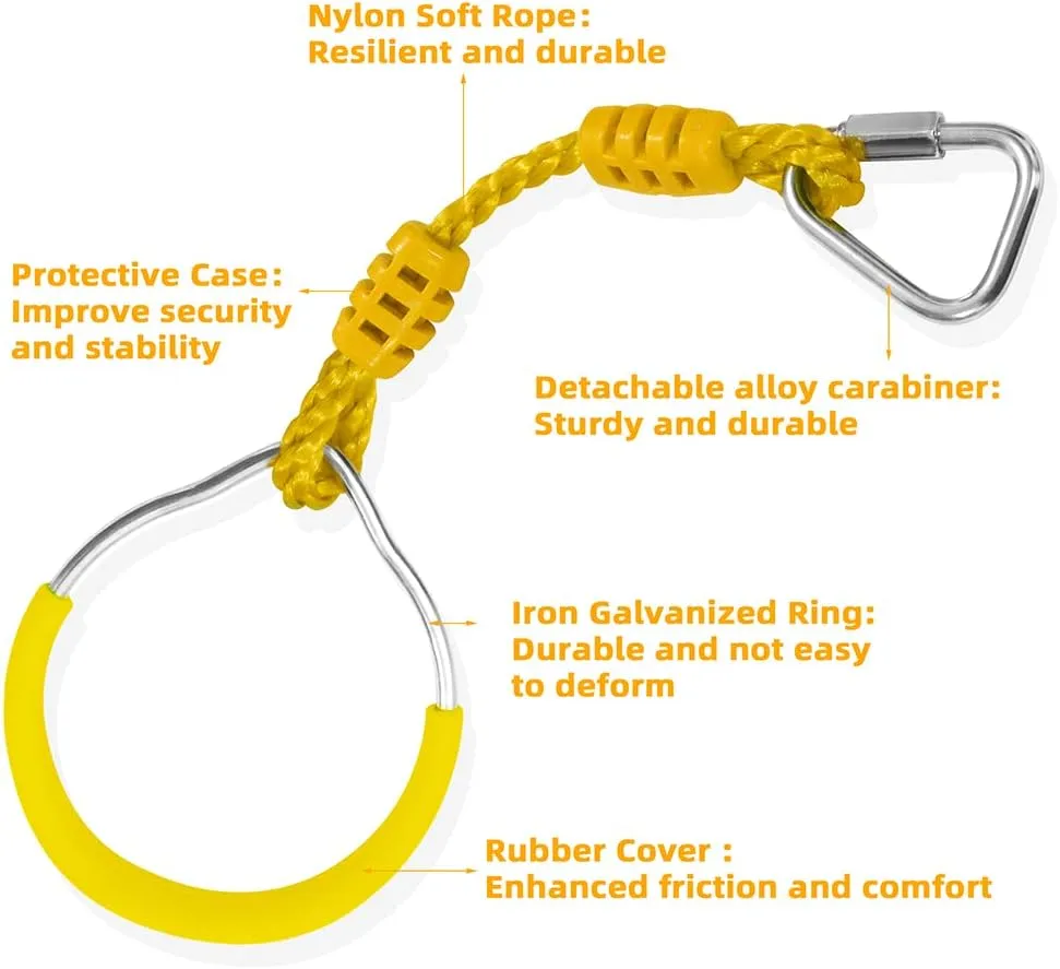 Swing Ninja Ring Indoor Outdoor Backyard PlaySet Kids Fitness Gymnastic Training Equipment, 2 Yellow Hanging Jungle Gym Fist Trapeze Monkey Bars Climbing Ring Ninja Warrior Obstacle Course Attachments
