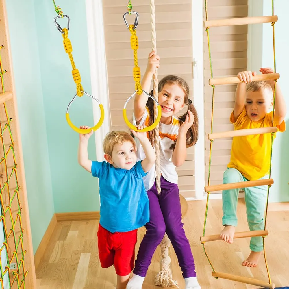 Swing Ninja Ring Indoor Outdoor Backyard PlaySet Kids Fitness Gymnastic Training Equipment, 2 Yellow Hanging Jungle Gym Fist Trapeze Monkey Bars Climbing Ring Ninja Warrior Obstacle Course Attachments