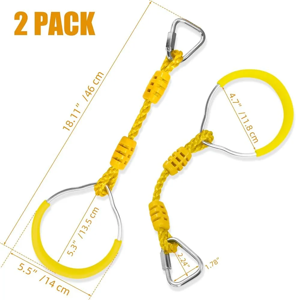 Swing Ninja Ring Indoor Outdoor Backyard PlaySet Kids Fitness Gymnastic Training Equipment, 2 Yellow Hanging Jungle Gym Fist Trapeze Monkey Bars Climbing Ring Ninja Warrior Obstacle Course Attachments