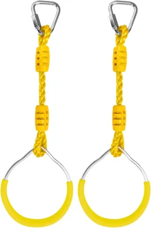 Swing Ninja Ring Indoor Outdoor Backyard PlaySet Kids Fitness Gymnastic Training Equipment, 2 Yellow Hanging Jungle Gym Fist Trapeze Monkey Bars Climbing Ring Ninja Warrior Obstacle Course Attachments