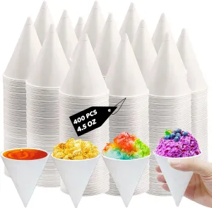 Szsrcywd 400 Count Paper Snow Cone Cups,4.5Oz White Cone Disposable Cup,Small Leakproof Shaved Paper Ice Cream Cups for Shaved Ice,Office Water Cooler,Sports Teams,Fundraisers