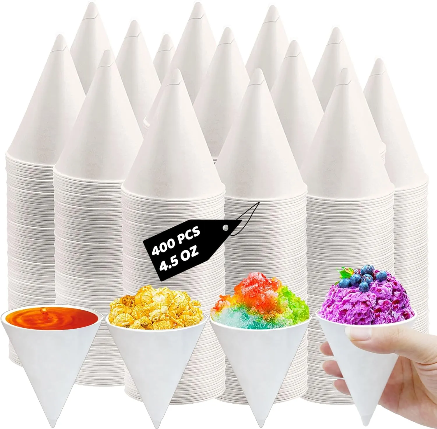 Szsrcywd 400 Count Paper Snow Cone Cups,4.5Oz White Cone Disposable Cup,Small Leakproof Shaved Paper Ice Cream Cups for Shaved Ice,Office Water Cooler,Sports Teams,Fundraisers
