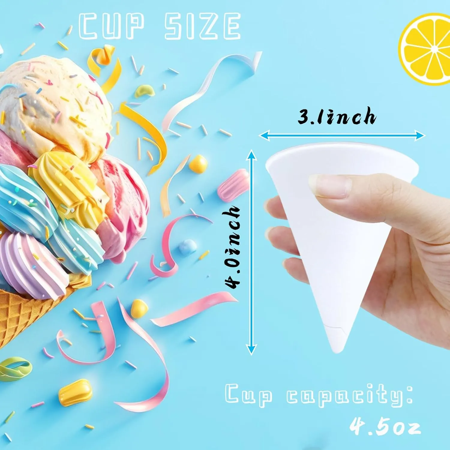Szsrcywd 400 Count Paper Snow Cone Cups,4.5Oz White Cone Disposable Cup,Small Leakproof Shaved Paper Ice Cream Cups for Shaved Ice,Office Water Cooler,Sports Teams,Fundraisers
