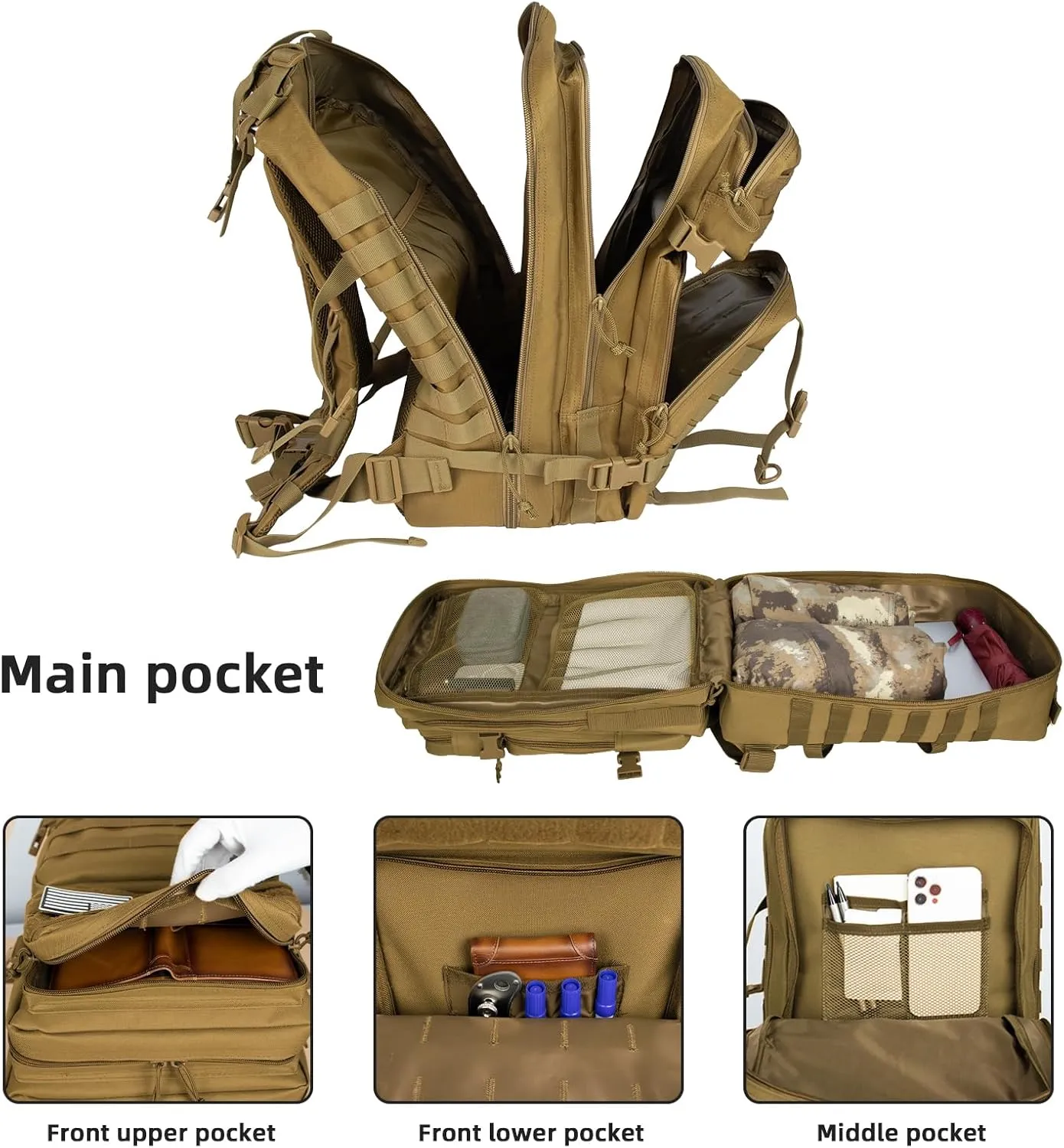 Tactical Backpack, 45L Large Capacity Backpack Trekking Daypack Bug Out Bag Lage MOLLE 3 Day Assault Pack Camping Hiking Pack for Men and Women, Khaki