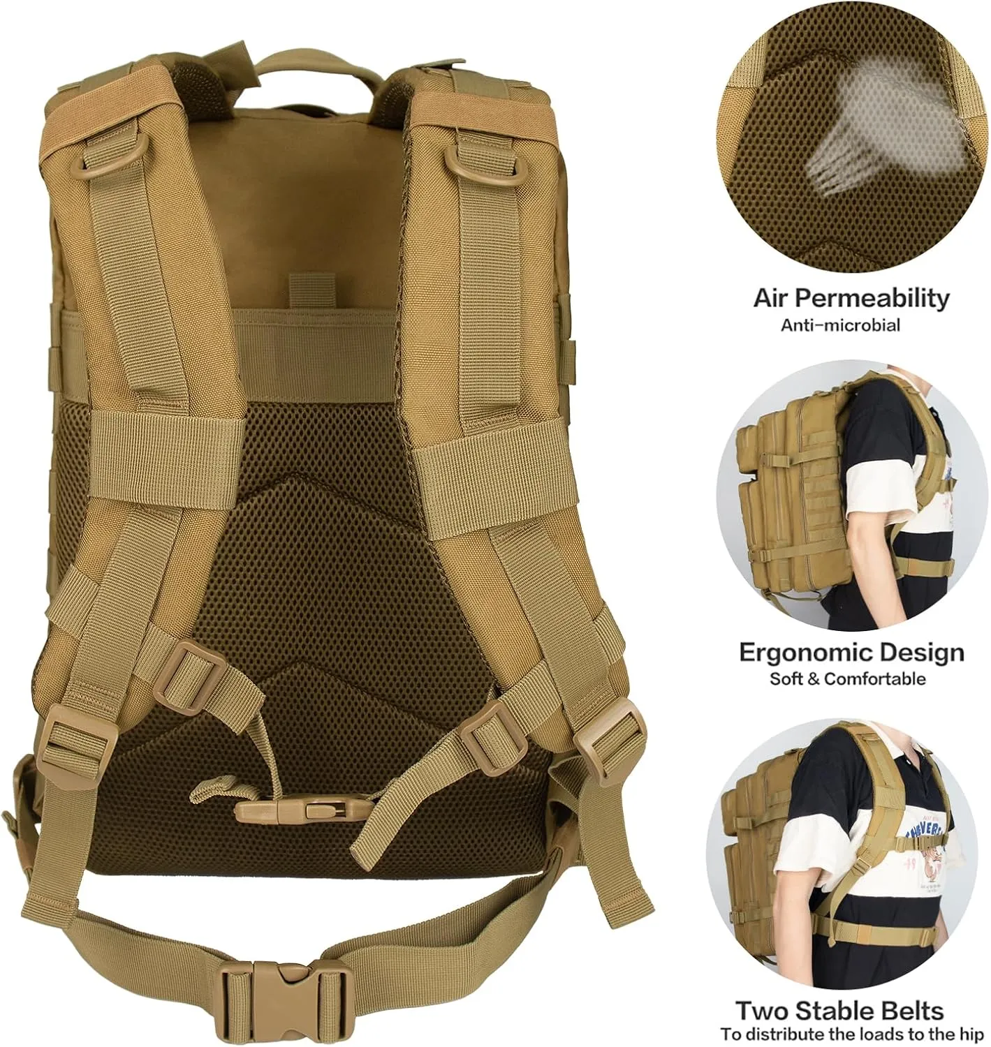 Tactical Backpack, 45L Large Capacity Backpack Trekking Daypack Bug Out Bag Lage MOLLE 3 Day Assault Pack Camping Hiking Pack for Men and Women, Khaki