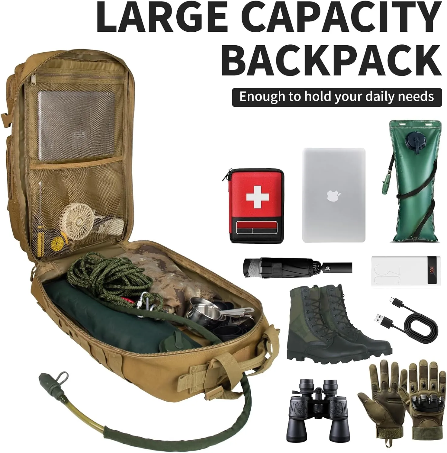 Tactical Backpack, 45L Large Capacity Backpack Trekking Daypack Bug Out Bag Lage MOLLE 3 Day Assault Pack Camping Hiking Pack for Men and Women, Khaki