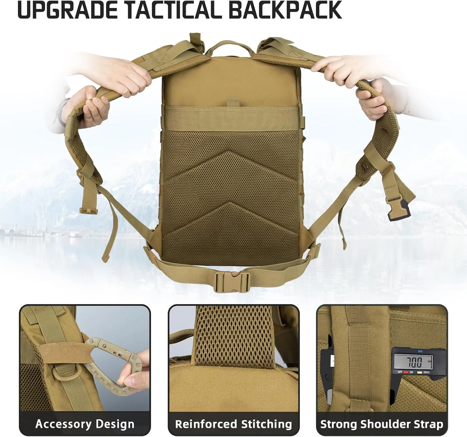 Tactical Backpack, 45L Large Capacity Backpack Trekking Daypack Bug Out Bag Lage MOLLE 3 Day Assault Pack Camping Hiking Pack for Men and Women, Khaki