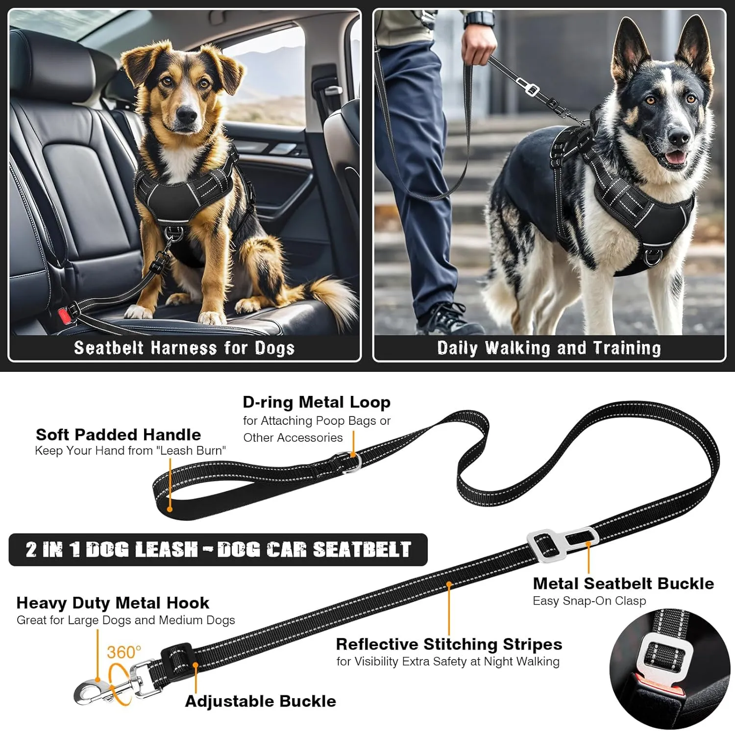 Tactical Dog Harness and Leash Set Small Sized Dog,Heavy Duty No Pull Service Dog Vest and 10 Patches with Dog Seat Belt,Reflective Adjustable Pet Harness for Training Walking Hiking Black S