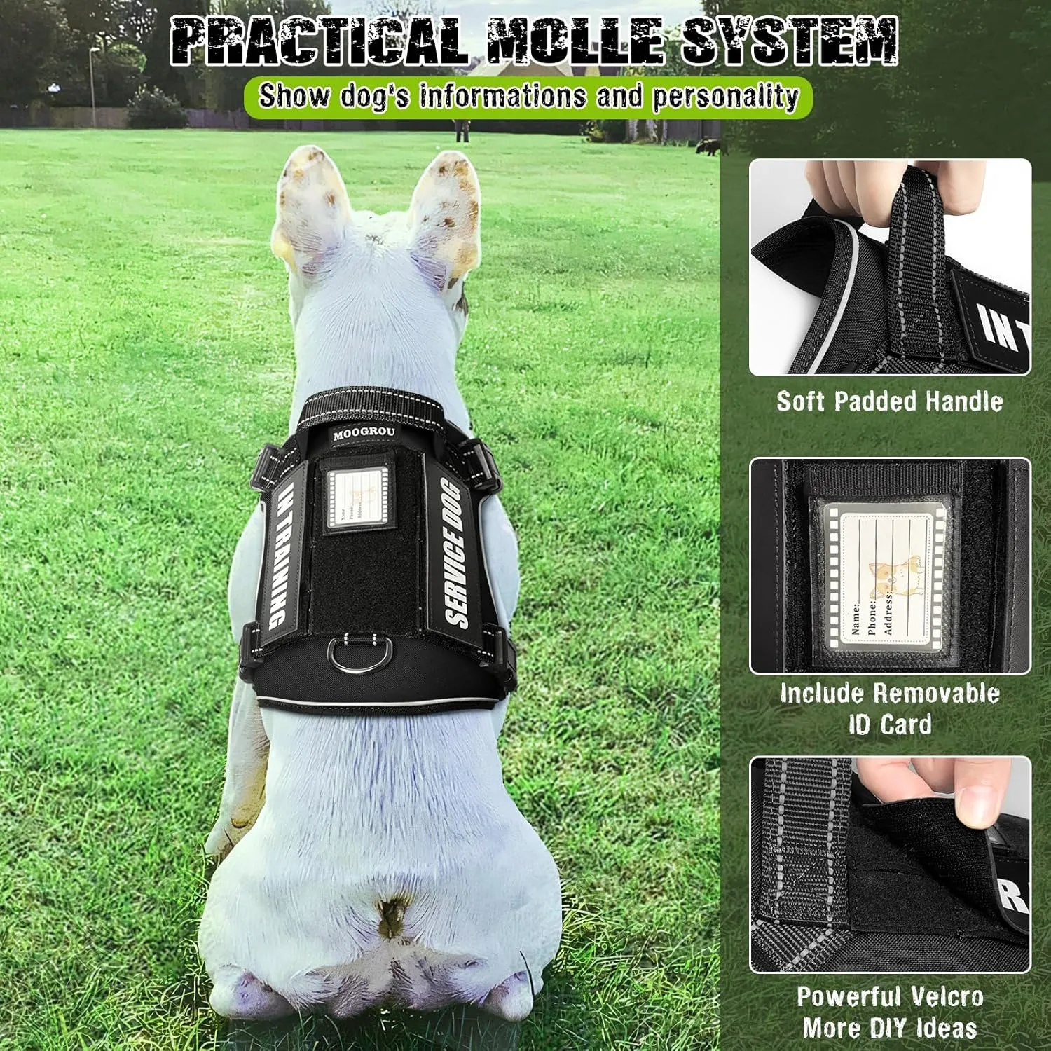 Tactical Dog Harness and Leash Set Small Sized Dog,Heavy Duty No Pull Service Dog Vest and 10 Patches with Dog Seat Belt,Reflective Adjustable Pet Harness for Training Walking Hiking Black S