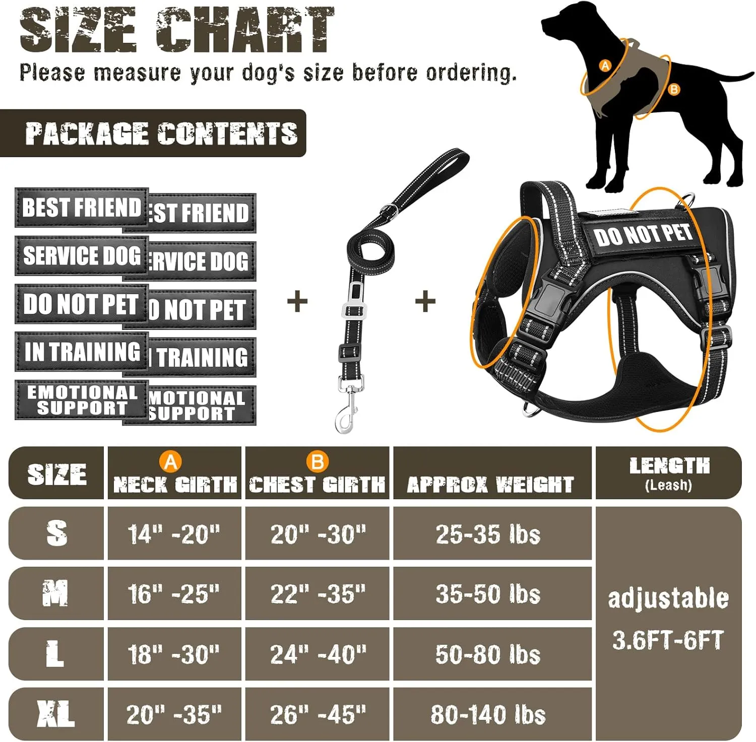Tactical Dog Harness and Leash Set Small Sized Dog,Heavy Duty No Pull Service Dog Vest and 10 Patches with Dog Seat Belt,Reflective Adjustable Pet Harness for Training Walking Hiking Black S