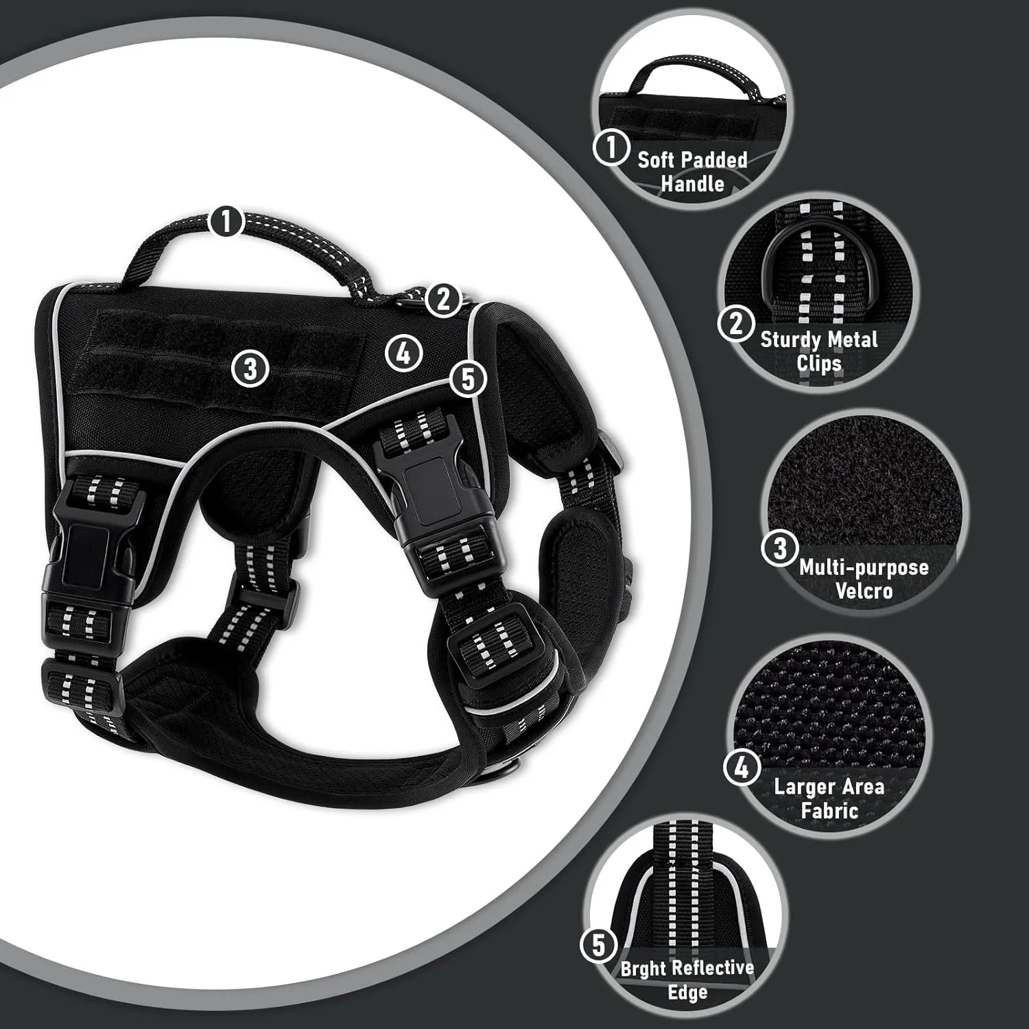 Tactical Dog Harness for Large Dogs, for Golden Retriever, Labrador, German Shepherd etc, No Pull Reflective No Choke Adjustable and Padded Pet Vest Harness, Black, L