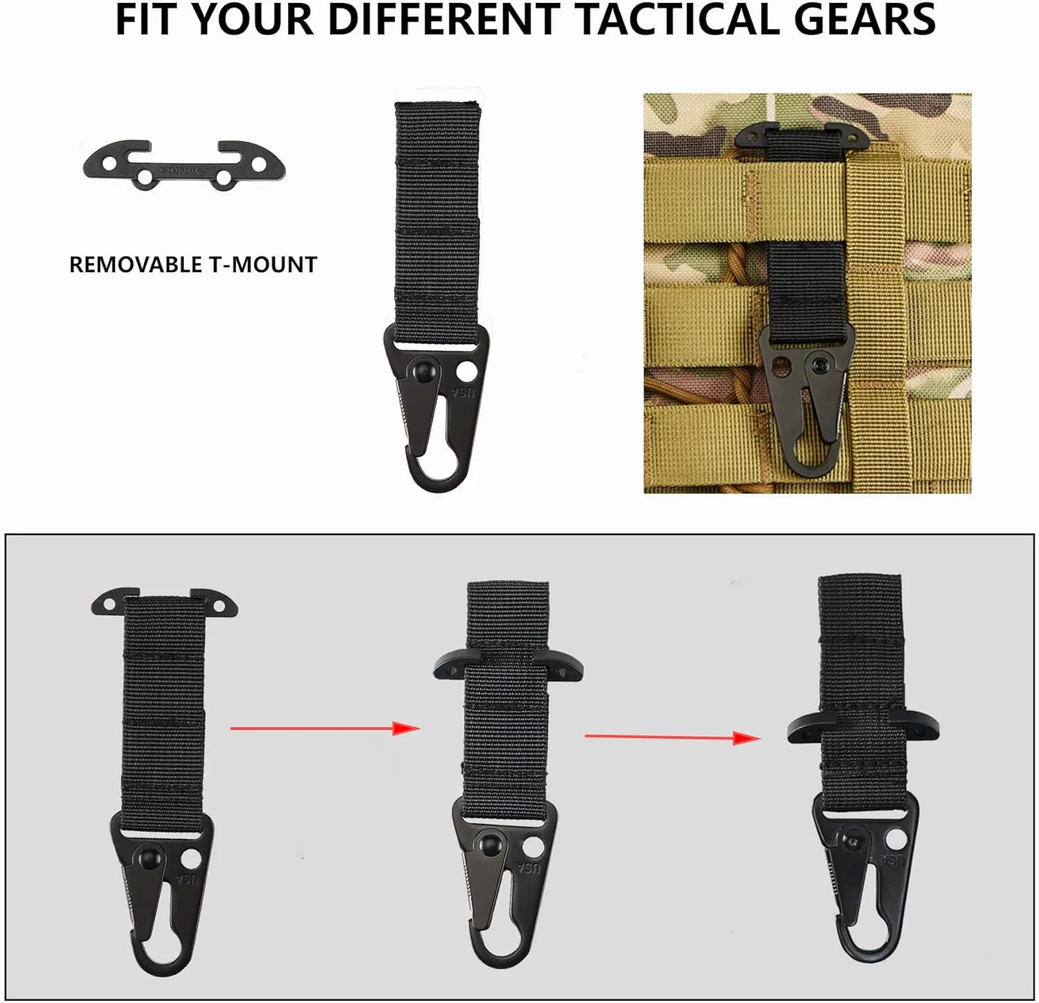 Tactical Gear Clip, T-Mount MOLLE Webbing Belt Clip with HK Hook for Backpack Vest Accessories
