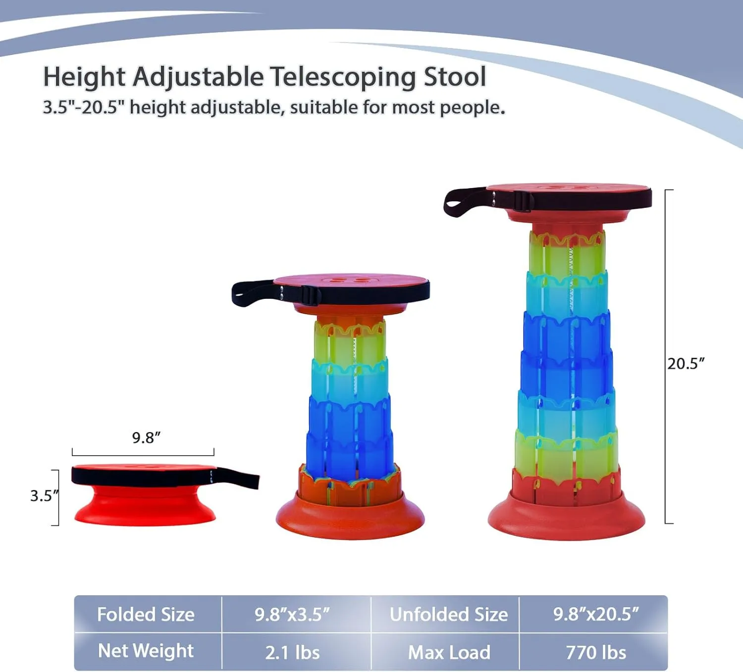 Telescopic Stool,20.4" Portable Seat, Collapsible Chair with Carabiner for Camping/Fishing/Hiking/BBQ/Music Festival - Max Capacity 770lbs
