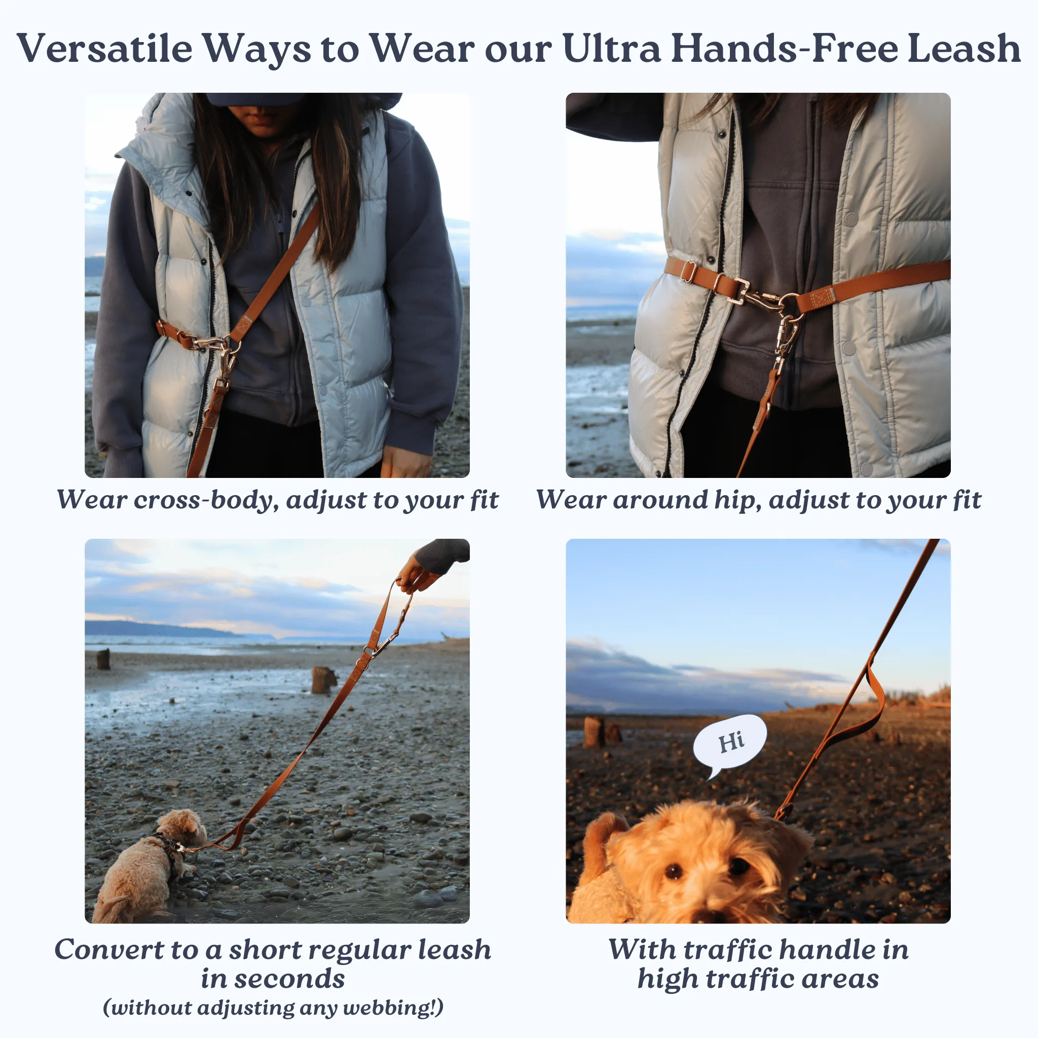 The Ultra Hands Free Leash with Traffic Handle | Camel Brown