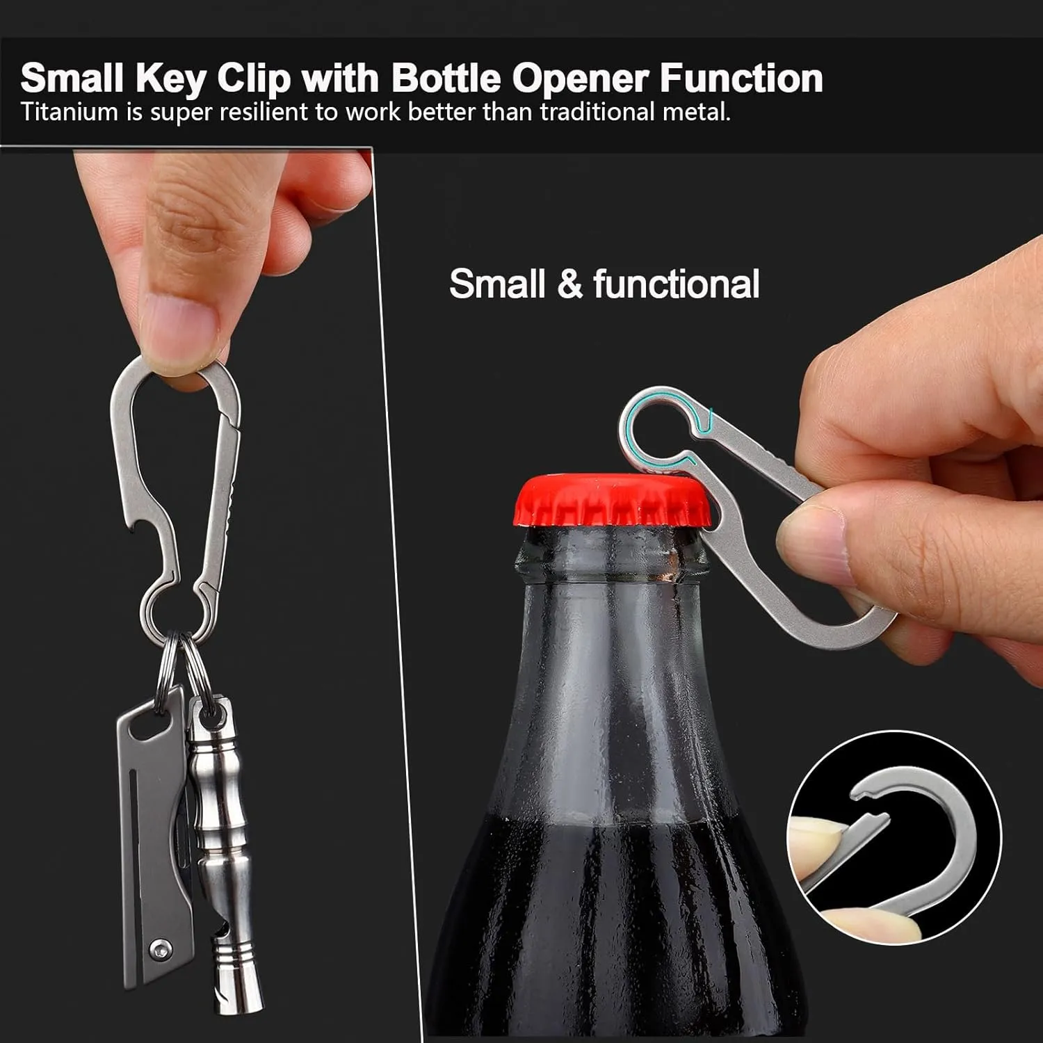 Titanium Carabiner Clip Small Backpack Clip Black Hook Heavy Duty Keychain Clips Anti-Lost Quick Release Key Chain for Keys Bottle Opener Keychain