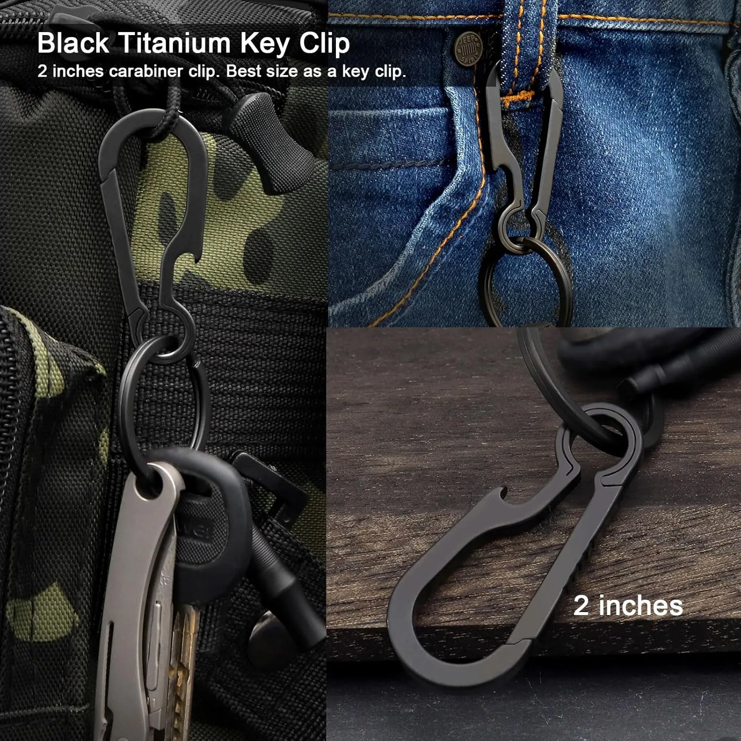 Titanium Carabiner Clip Small Backpack Clip Black Hook Heavy Duty Keychain Clips Anti-Lost Quick Release Key Chain for Keys Bottle Opener Keychain