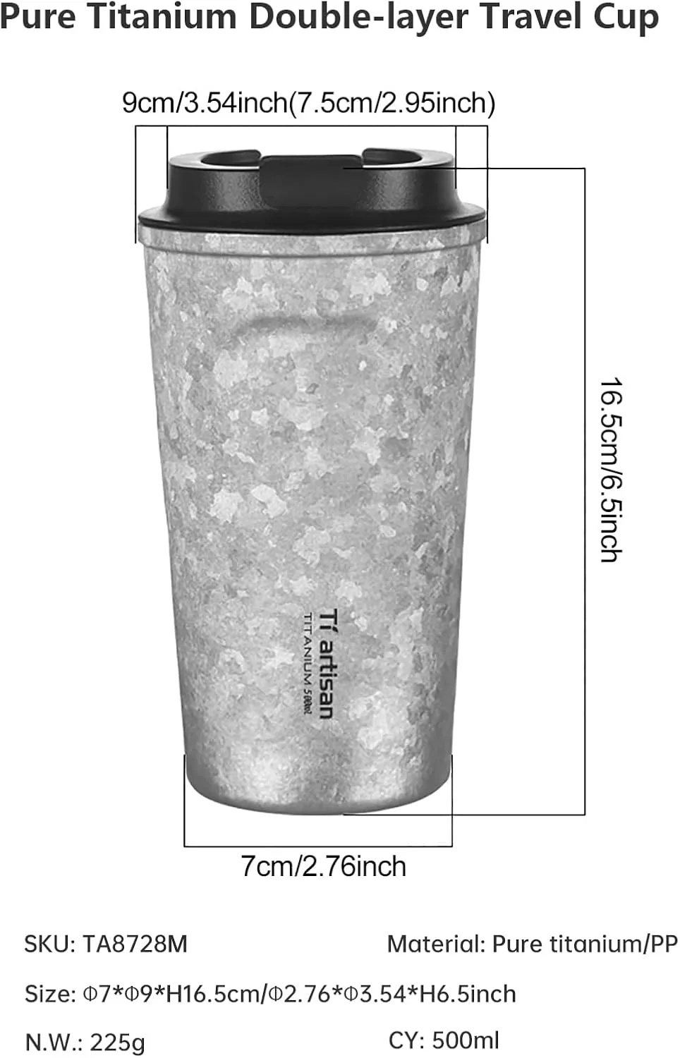 Titanium Water Bottle Coffee Cups Insulated Water Bottle Wide Mouthed Cup Easy To Clean | Leakproof & Packable for Travel & Sports | 13.53/16.91fl oz | (500ml(16.91fl oz))