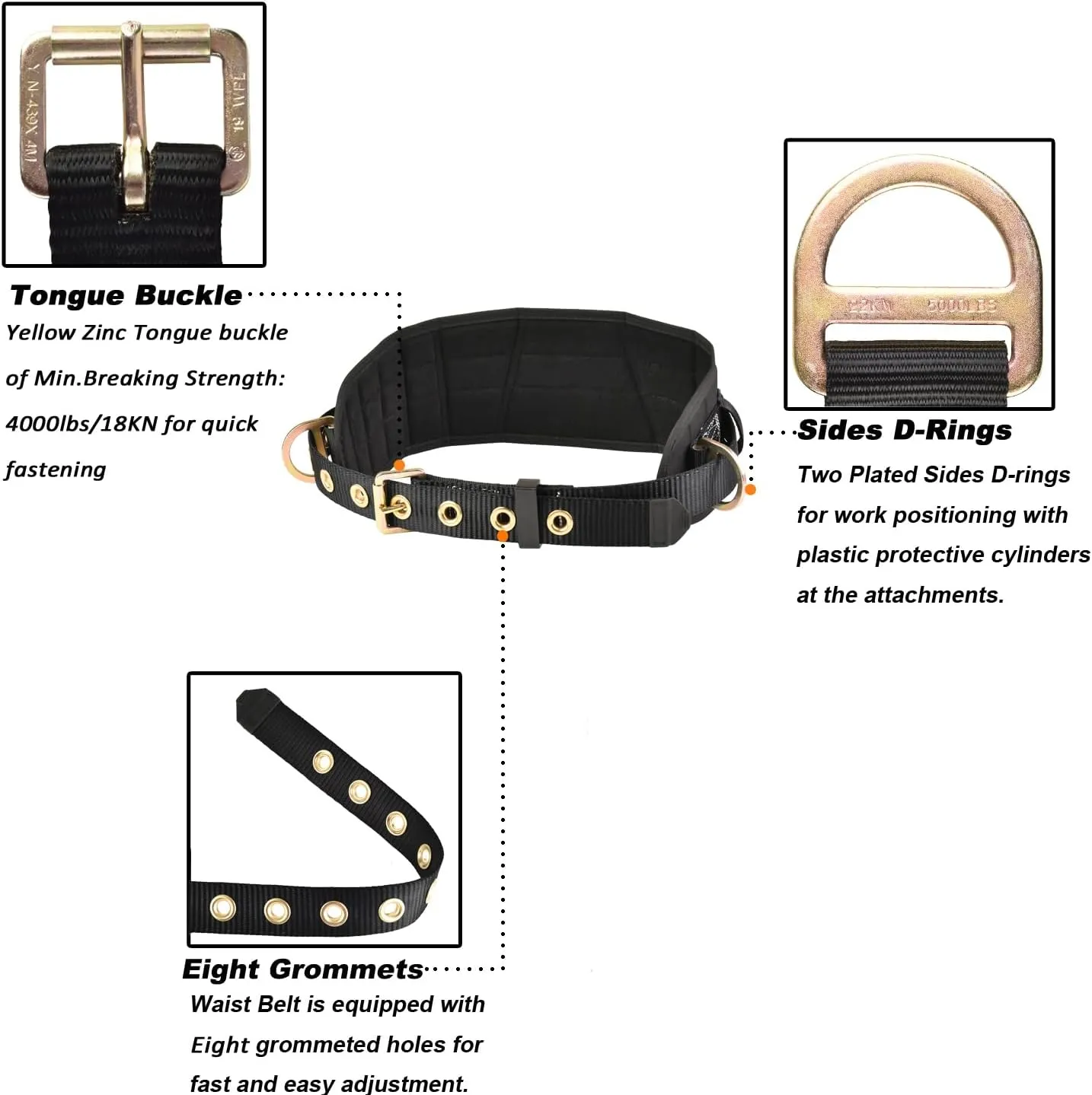 Tongue Buckle Body Belt With Waist Pad and 2 Side D-Rings Personal Protective Equipment Safety Harness | Waist Fitting Size 33'' to 47'' for Work Positioning, Restraint