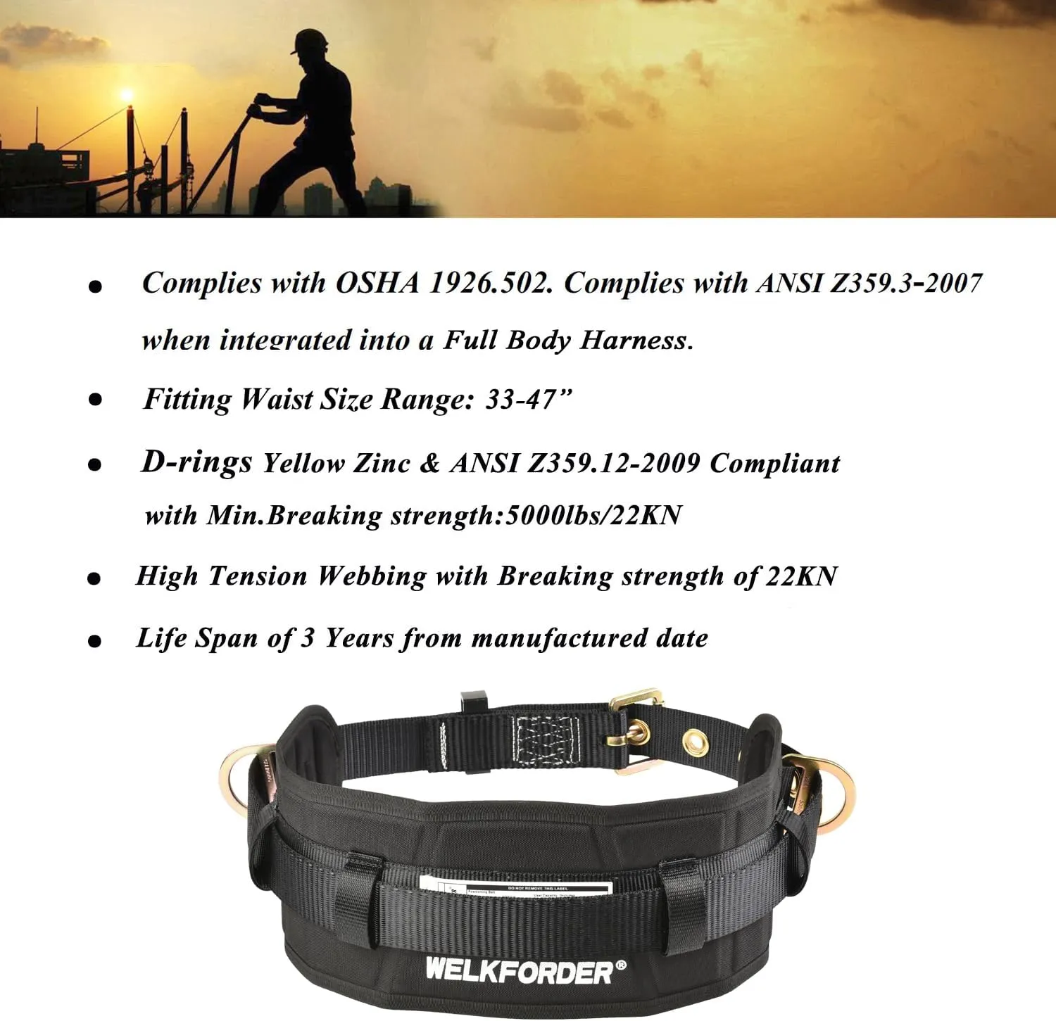 Tongue Buckle Body Belt With Waist Pad and 2 Side D-Rings Personal Protective Equipment Safety Harness | Waist Fitting Size 33'' to 47'' for Work Positioning, Restraint