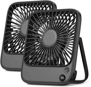 TOPK 2 Pack 5000mAh Portable Desk Fan, Ultra-thin Strong Wind Digital Display 4 Speeds Adjustable Small Quiet Battery Powered Personal Travel Fan for Bedroom,Office,Cruise,Library,Outdoor Black