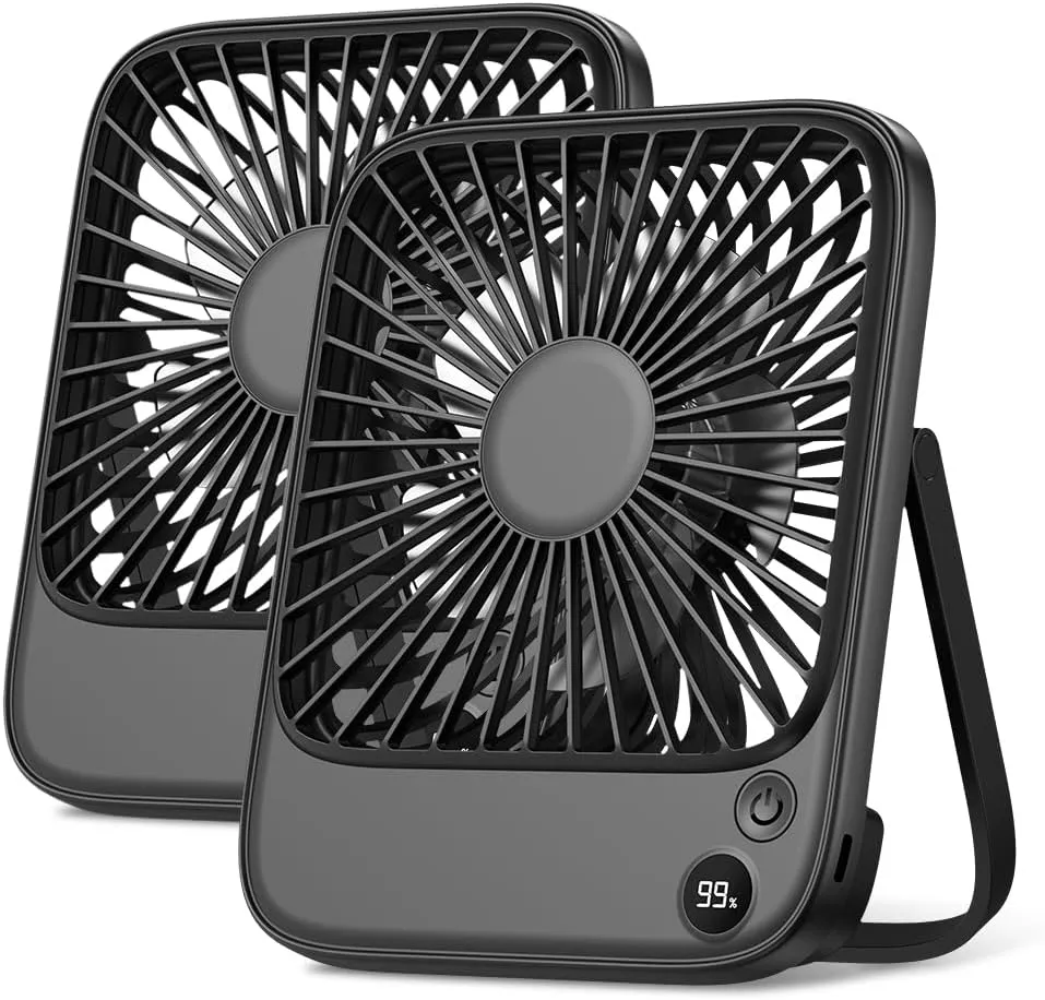 TOPK 2 Pack 5000mAh Portable Desk Fan, Ultra-thin Strong Wind Digital Display 4 Speeds Adjustable Small Quiet Battery Powered Personal Travel Fan for Bedroom,Office,Cruise,Library,Outdoor Black