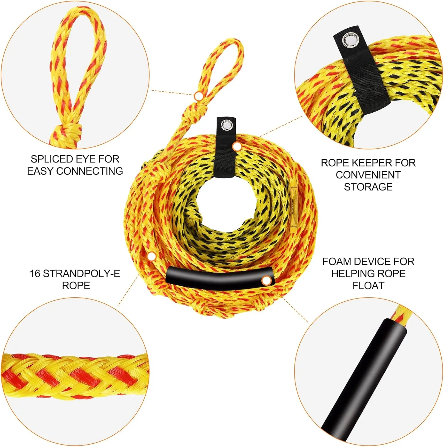 Tow Rope for Tubing 3 Sections Boat Tow Rope 1-6 Person Heavy Duty 6K Tube Ropes for Tubing with Storage Bag and Rope Keeper