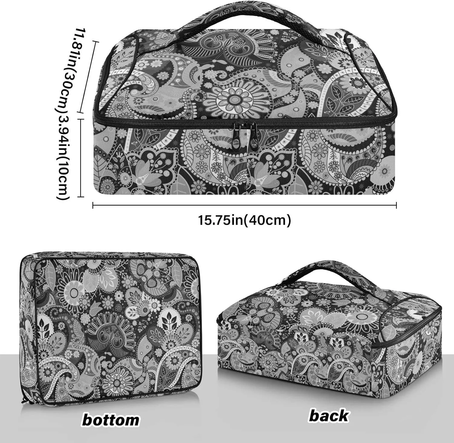 Traditional Ancient Asian Elements Paisley Floral Flowers Insulated Casserole Dish Carrier Bag 9x13 with Lid, Warmer Portable Tote for Hot or Cold Food Picnic Party Potluck Beach