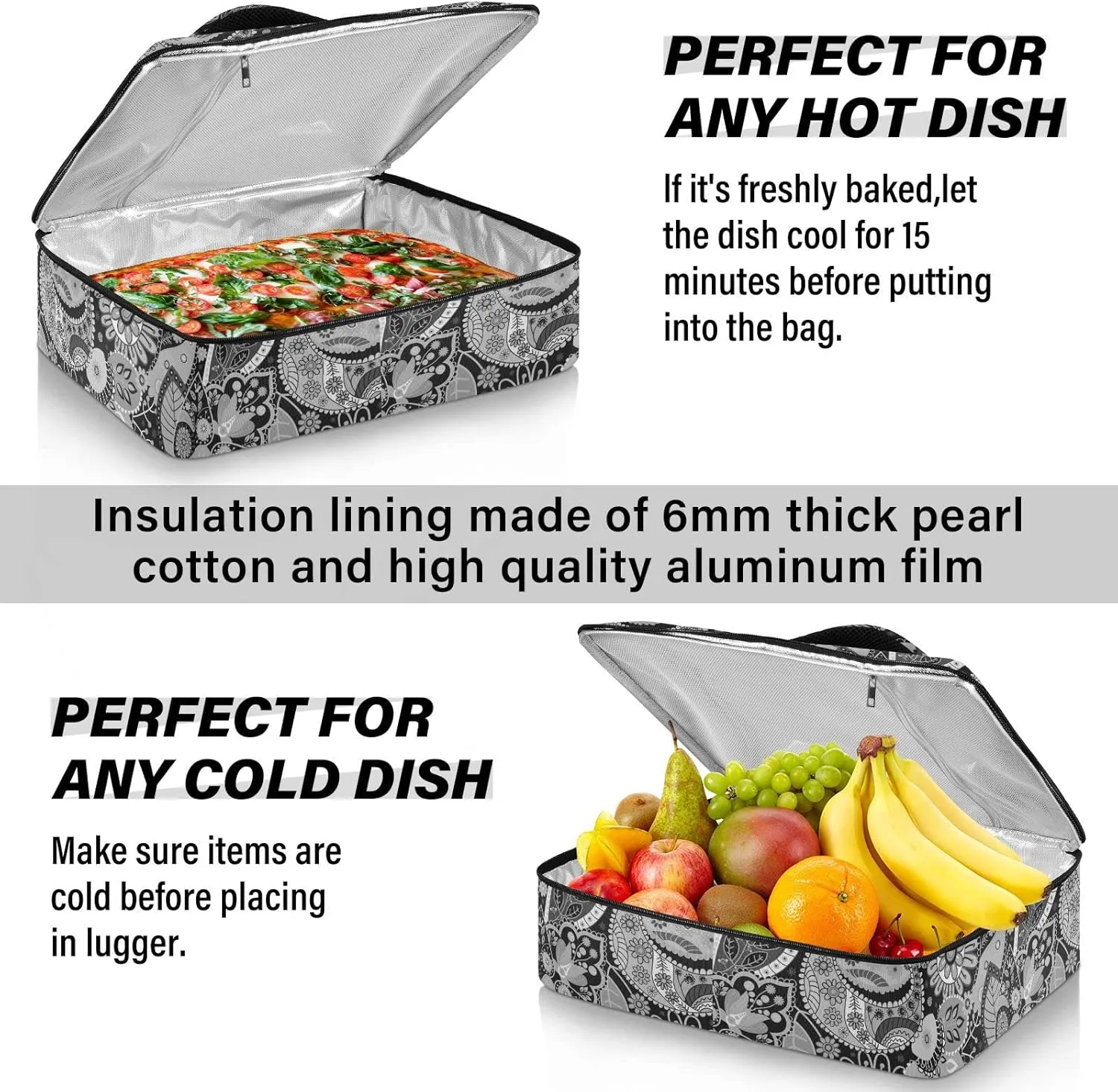 Traditional Ancient Asian Elements Paisley Floral Flowers Insulated Casserole Dish Carrier Bag 9x13 with Lid, Warmer Portable Tote for Hot or Cold Food Picnic Party Potluck Beach