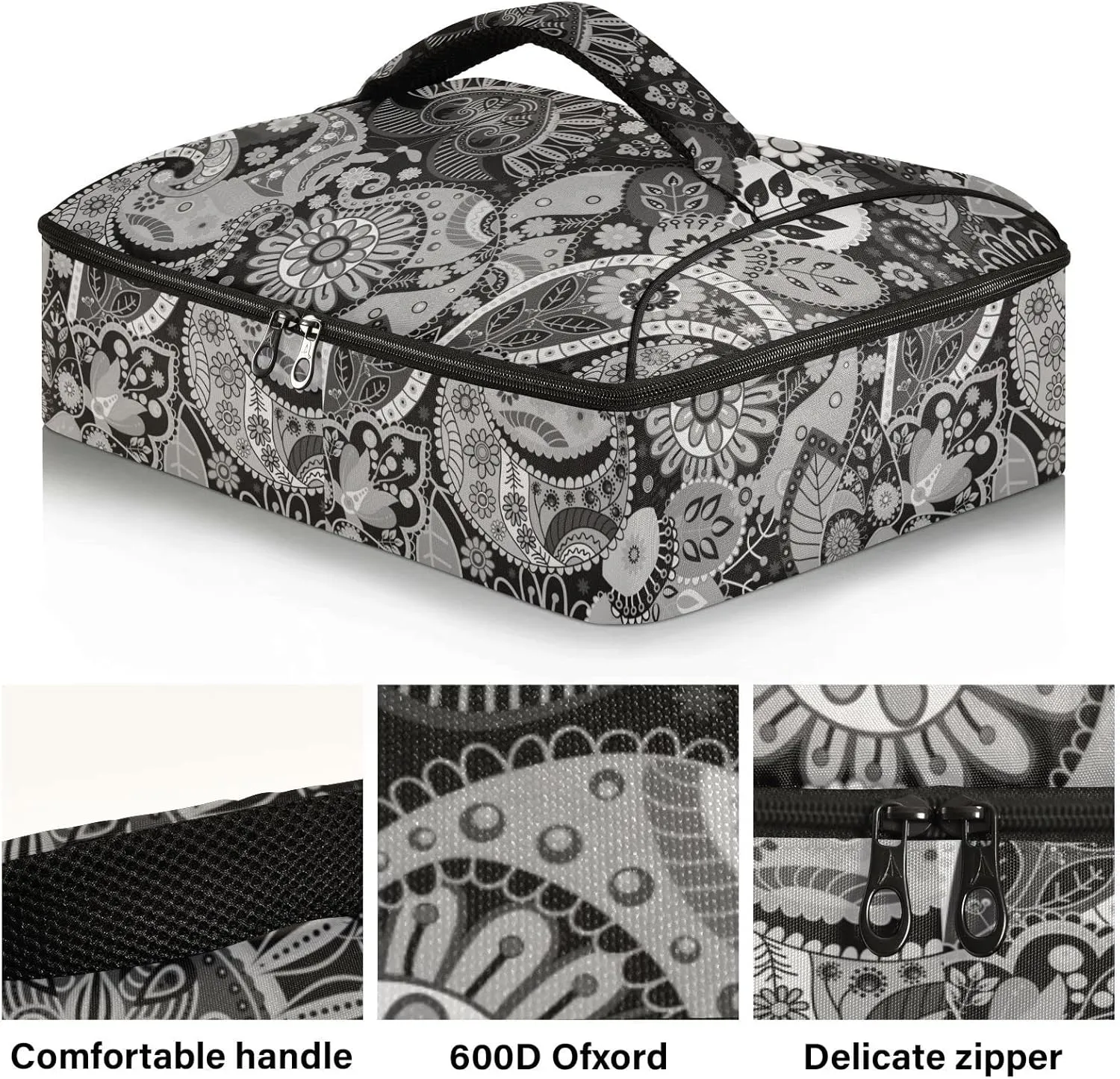 Traditional Ancient Asian Elements Paisley Floral Flowers Insulated Casserole Dish Carrier Bag 9x13 with Lid, Warmer Portable Tote for Hot or Cold Food Picnic Party Potluck Beach