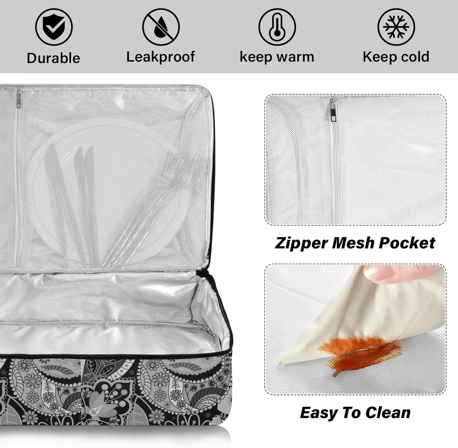 Traditional Ancient Asian Elements Paisley Floral Flowers Insulated Casserole Dish Carrier Bag 9x13 with Lid, Warmer Portable Tote for Hot or Cold Food Picnic Party Potluck Beach