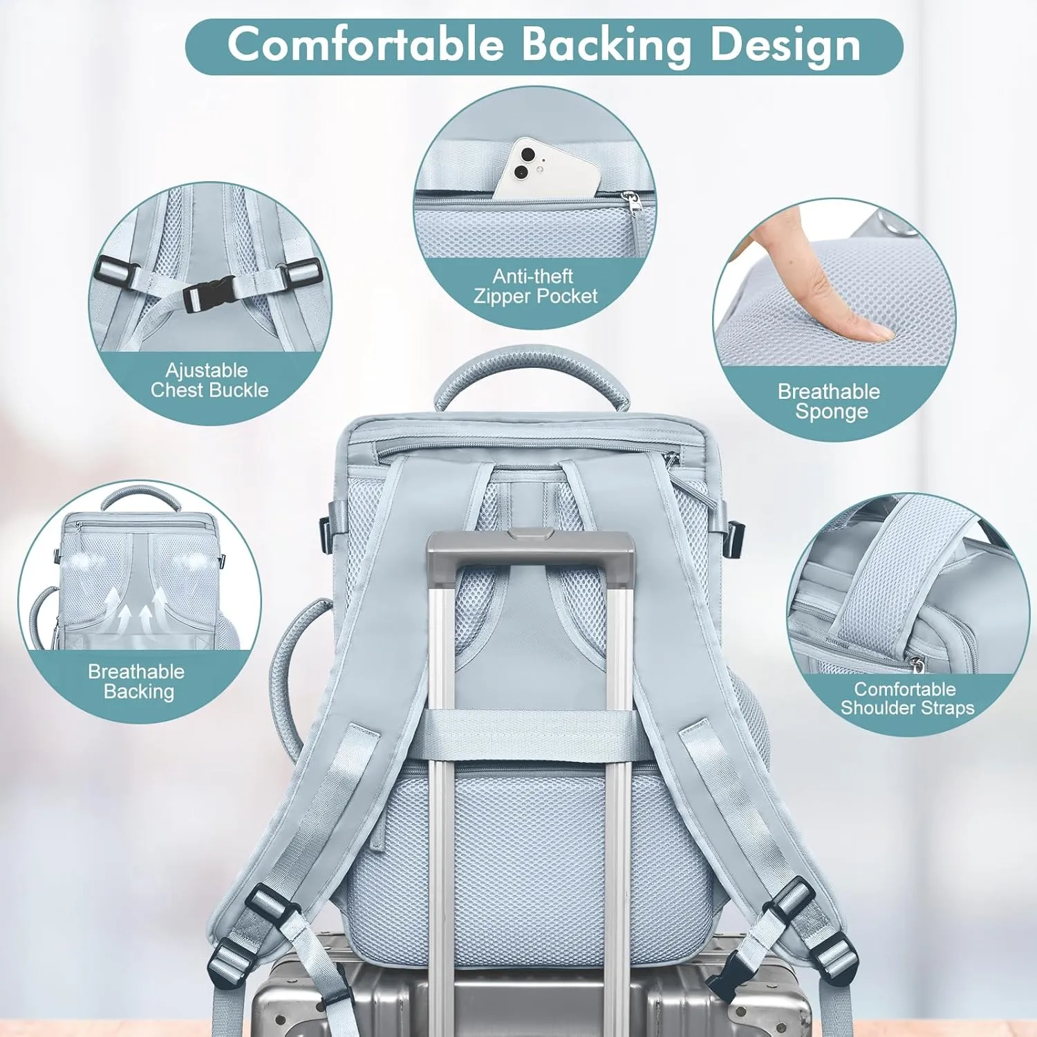 Travel Laptop Backpack Carry On Backpack for Men Women Flight Approved College School Computer Bag for Business Hiking Personal Item Backpack Fits 15.6 Inch Notebook Light Blue