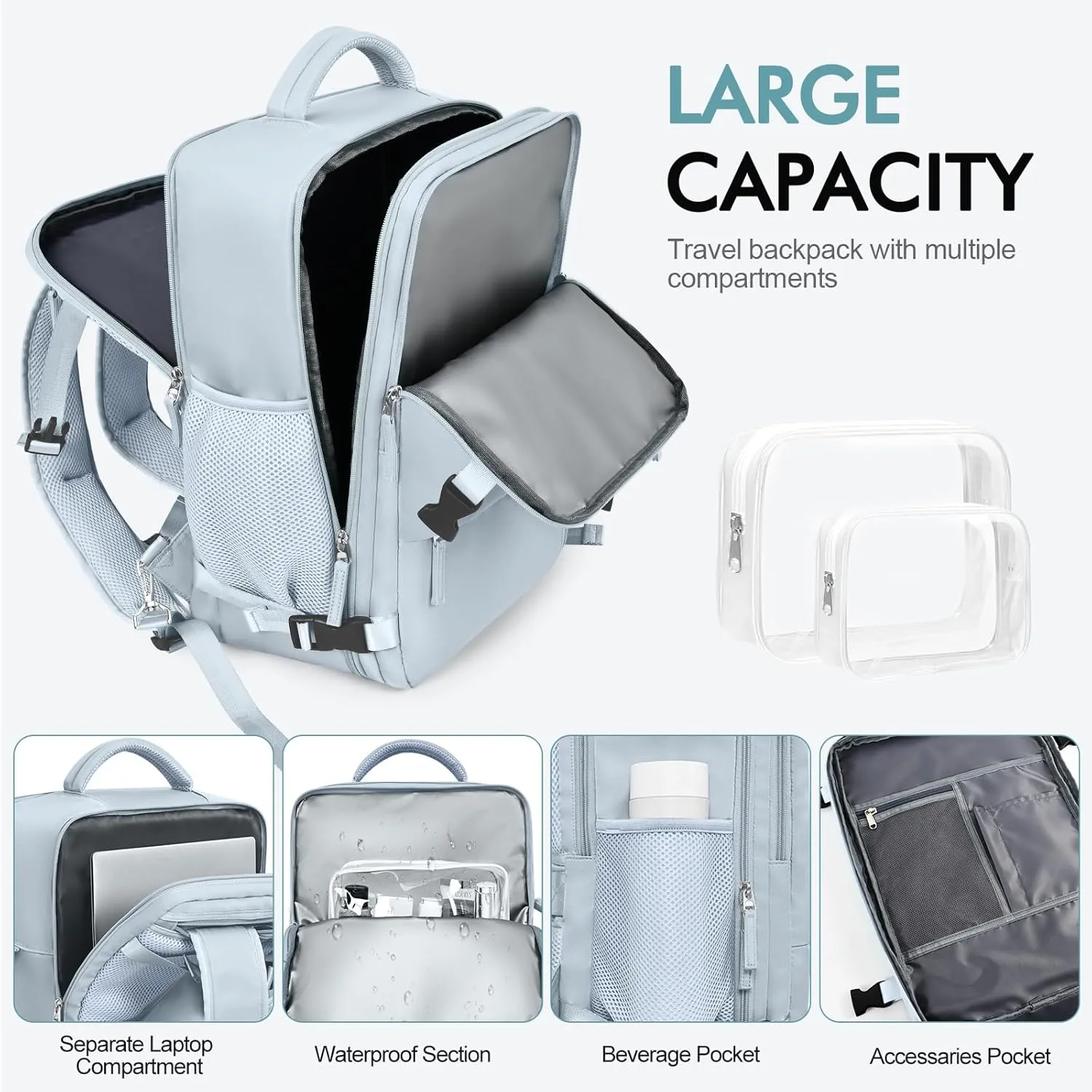 Travel Laptop Backpack Carry On Backpack for Men Women Flight Approved College School Computer Bag for Business Hiking Personal Item Backpack Fits 15.6 Inch Notebook Light Blue