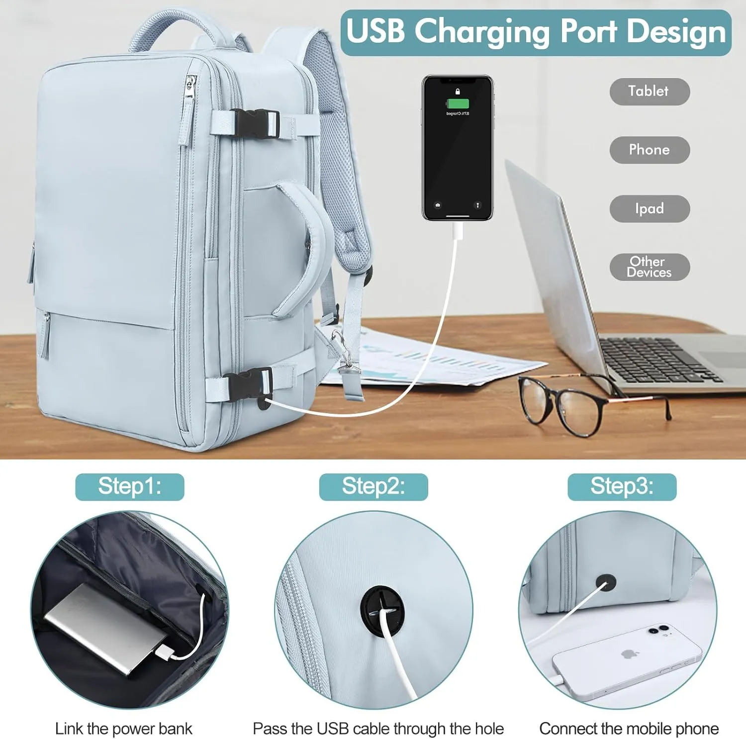 Travel Laptop Backpack Carry On Backpack for Men Women Flight Approved College School Computer Bag for Business Hiking Personal Item Backpack Fits 15.6 Inch Notebook Light Blue