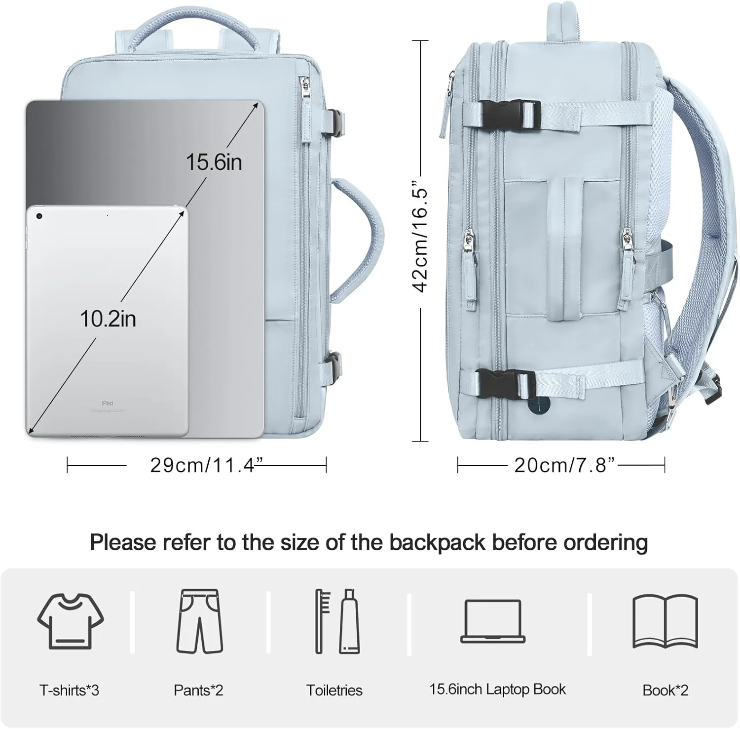 Travel Laptop Backpack Carry On Backpack for Men Women Flight Approved College School Computer Bag for Business Hiking Personal Item Backpack Fits 15.6 Inch Notebook Light Blue