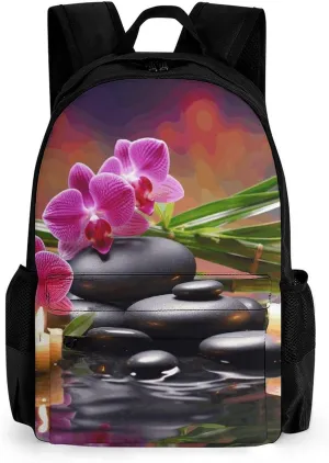 Travel Laptop Backpacks for Men Women,Flowers in Fountain Massage Stones And Bamboo Printed Computer Bag Travel Work Rucksack Ergonomic Shoulder Straps