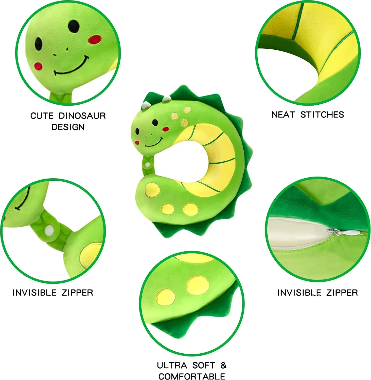 Travel Neck Pillow for Kids, Dinosaur Memory Foam Pillow with Cute Sleep Mask & Earplugs, Lightweight Travelling Pillow Set for Airplane, Car, Train, Bus and Home Use (Green)