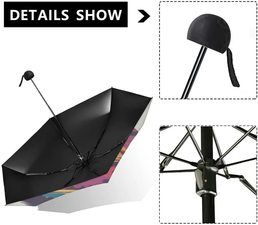 Travel Umbrella for Rain Windproof Beautiful sunset palm trees and birds colorful sky art style painting Automatic Cute Portable Compact Umbrella for Women Purse Backpack Car Black Sun UV Protection