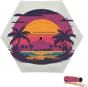Travel Umbrella for Rain Windproof Beautiful sunset palm trees and birds colorful sky art style painting Automatic Cute Portable Compact Umbrella for Women Purse Backpack Car Black Sun UV Protection