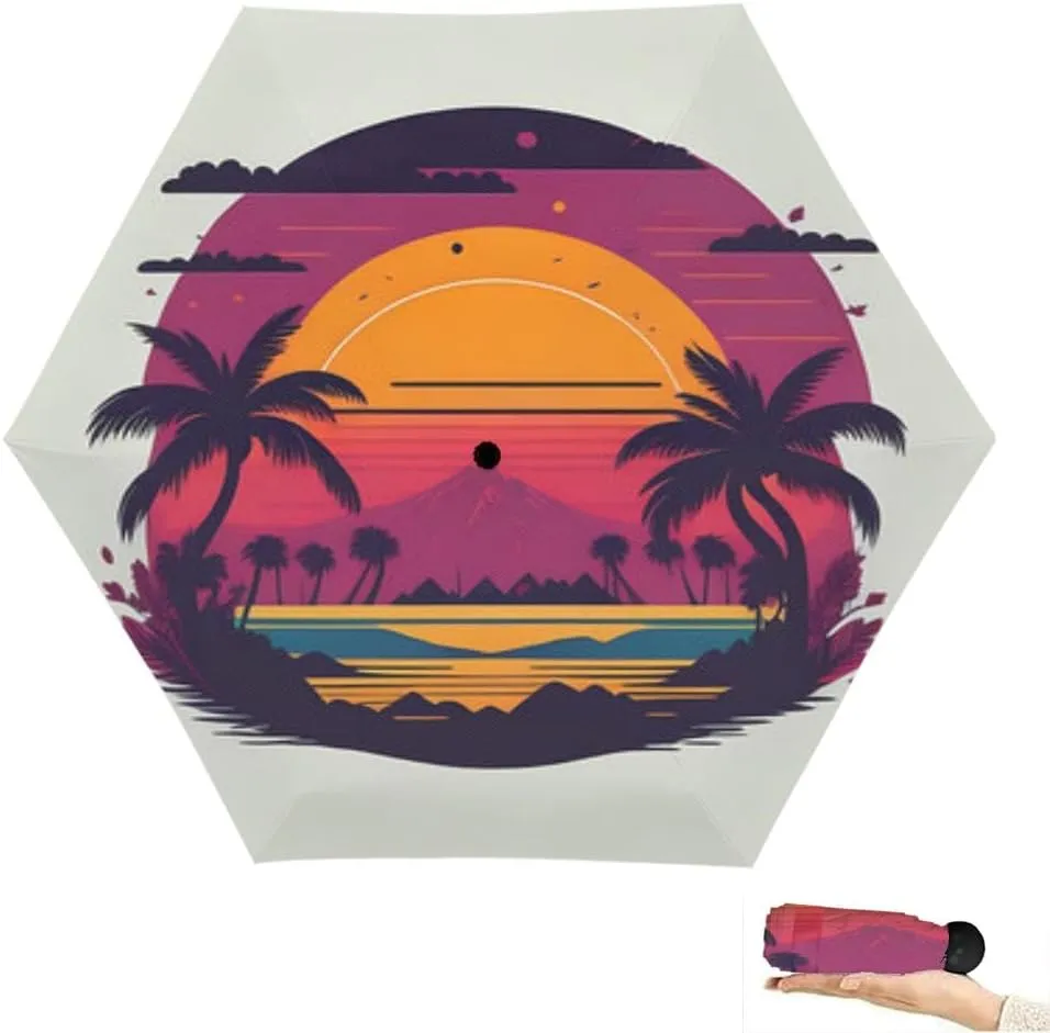 Travel Umbrella for Rain Windproof Beautiful sunset palm trees and birds colorful sky art style painting Automatic Cute Portable Compact Umbrella for Women Purse Backpack Car Black Sun UV Protection