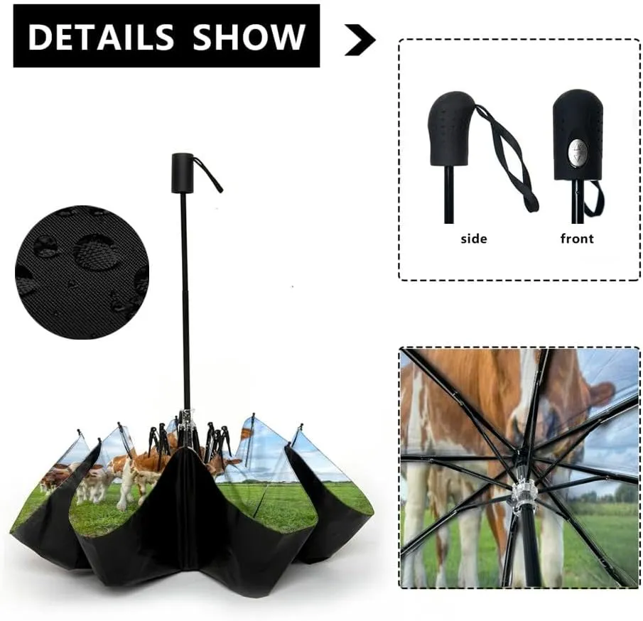 Travel Umbrella for Rain Windproof Calf Cow Cute Springtime Animal Automatic Cute Portable Compact Umbrella for Women Purse Backpack Car Black Sun UV Protection