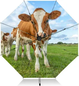 Travel Umbrella for Rain Windproof Calf Cow Cute Springtime Animal Automatic Cute Portable Compact Umbrella for Women Purse Backpack Car Black Sun UV Protection
