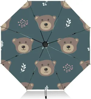 Travel Umbrella for Rain Windproof Cute bear Cartoon Animals forest Automatic Cute Portable Compact Umbrella for Women Purse Backpack Car Black Sun UV Protection